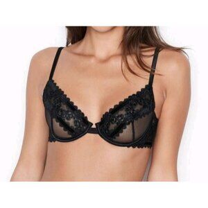 Victorias Secret Black Lace Sheer Unlined Bra 36DDD Adjustable Straps Lightweigh